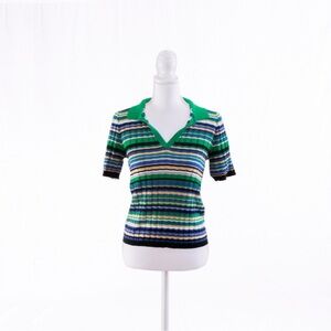 Maje Green & Blue Striped Rib Knit Polo Top Sz 2/S